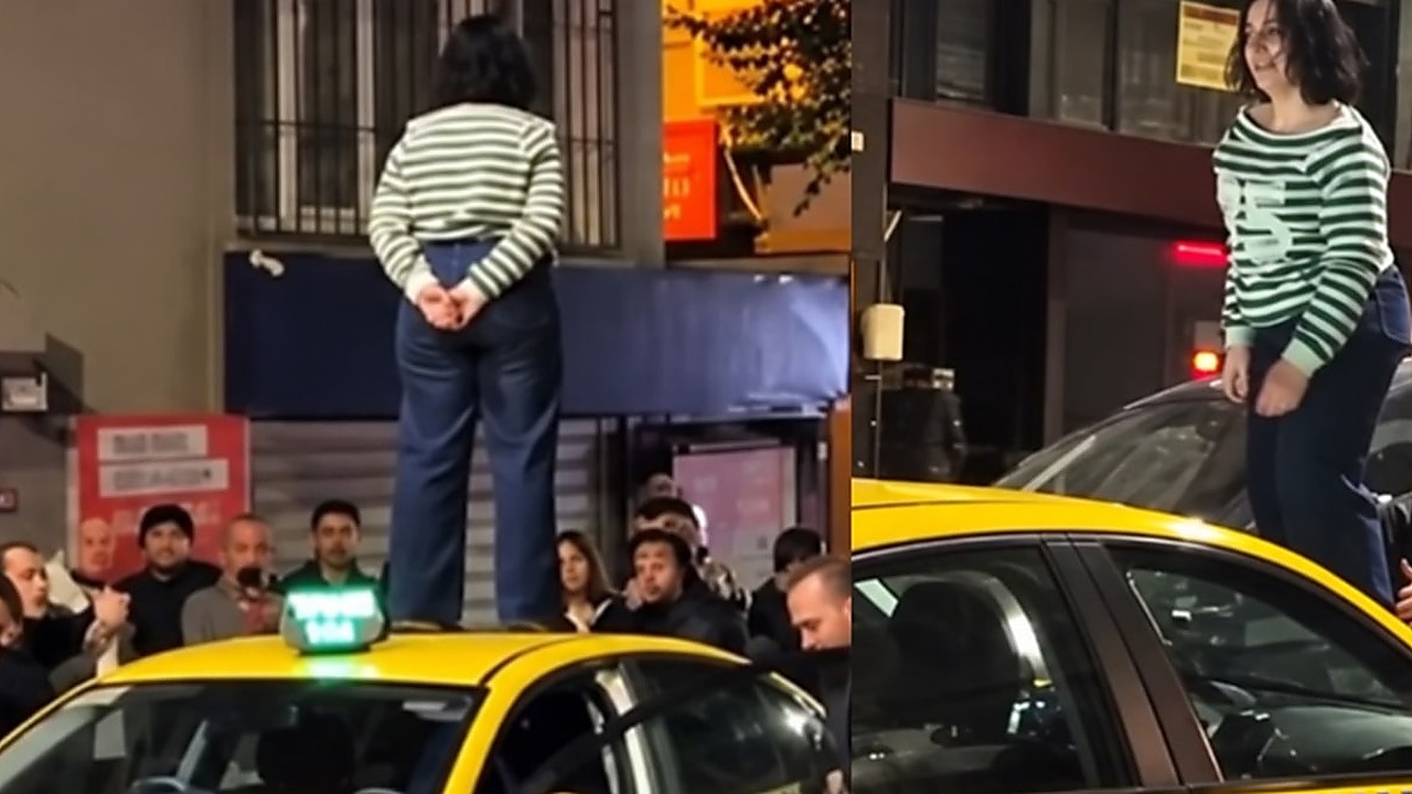 İstanbul'da tartıştığı taksinin tavanından inmeyen kadın yolcuyu polis gözaltına aldı